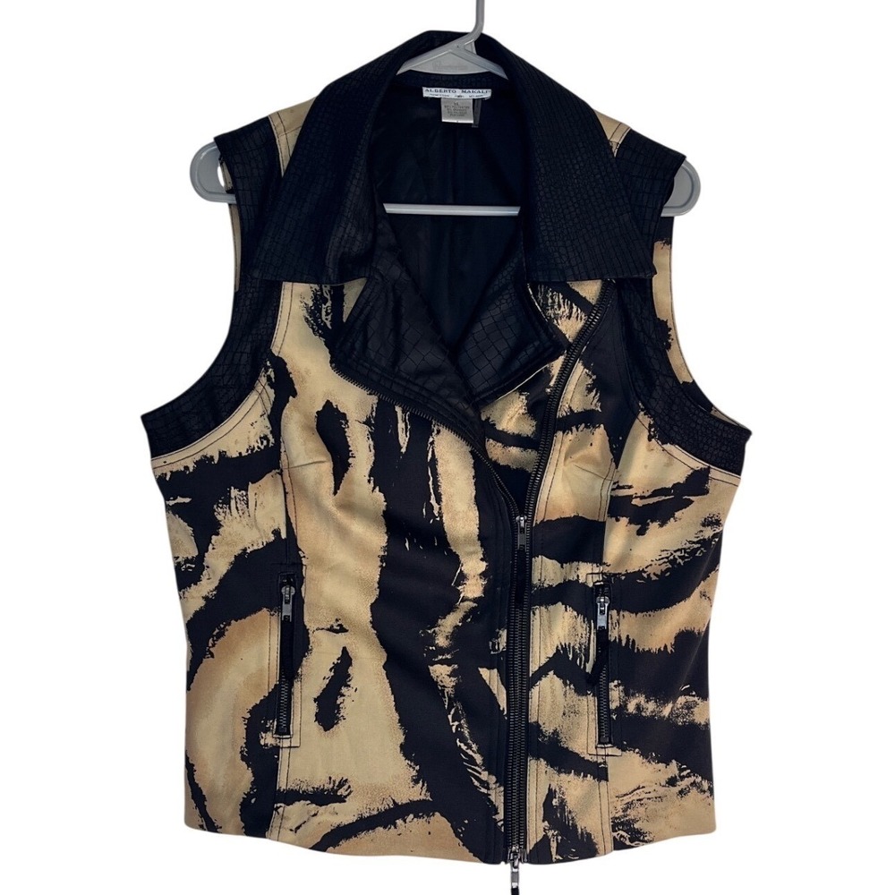 Alberto Makali Womens XL‎ Tiger Stripe Moto Vest Faux Croc Trim Asymmetrical Zip